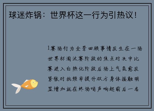 球迷炸锅：世界杯这一行为引热议！